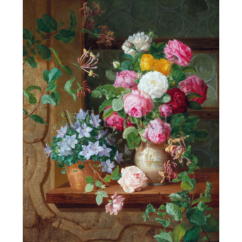 РЕПРОДУКЦИИ НА КАРТИНИ Рози и сини цветя на перваза на прозорец (1859)